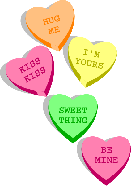 The image shows a collection of colorful heart shapes with phrases written on them that express affectionate sentiments such as "I love you," "Kiss me," "Sweet thing," "Be mine" in various shades and styles, suggesting these could be stickers or decorations for Valentine's Day.