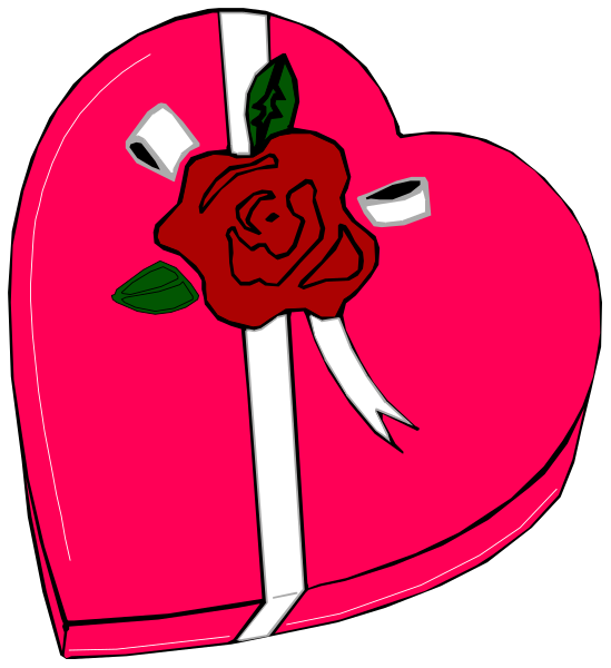 The image shows a red heart with an open rose inside it on top of what appears to be a gift box wrapped around its bottom half; there is no text present in this clip-art illustration.