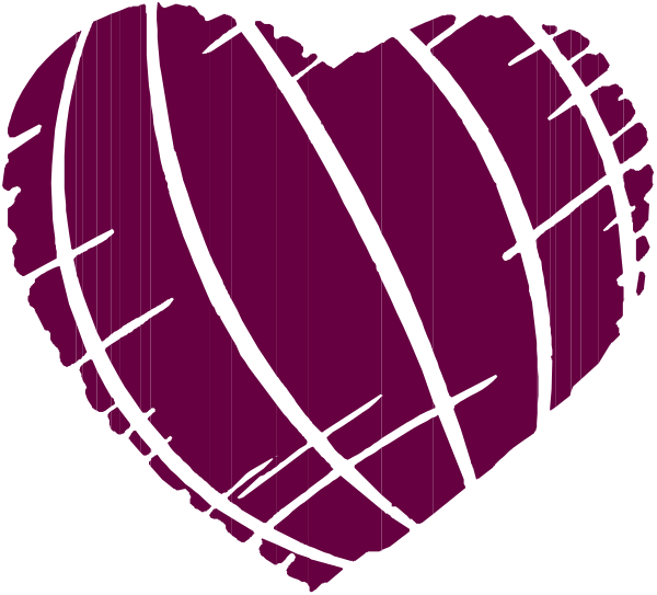 The image shows a purple heart with cracks on it inside of which there is an illustration that resembles a globe in black outline against white background.