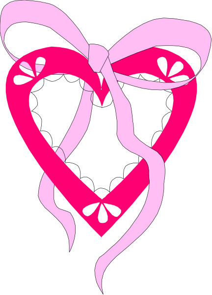 The image shows a pink heart with two ribbons tied around it against a black background.