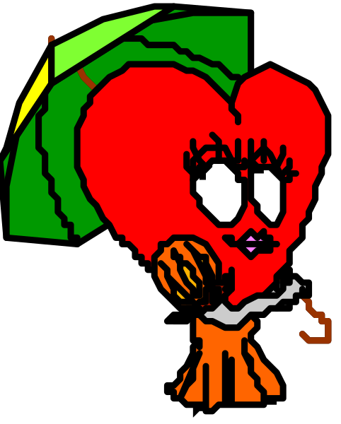 The image shows a cartoon of an anthropomorphic heart character holding an umbrella with green leaves on it against a black background.