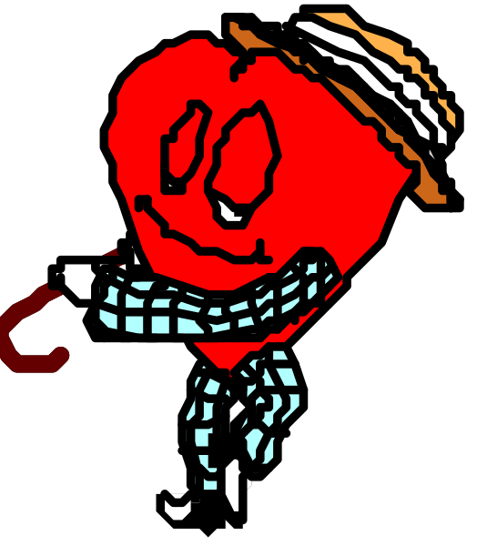 The image shows a cartoon of an anthropomorphic heart character with eyes closed, wearing what appears to be a sailor's hat on its top right side, holding onto a rope that is tied around itself and attached to another object off-screen in front of it.