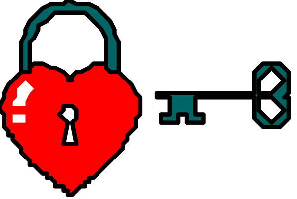 The image shows a pixelated representation of two hearts with an interlocking chain between them on top left corner; below that is a key icon in center-right area followed by three icons: one resembling a person, another showing a heartbeat symbol and third depicting a lock. There are also small red dots around the image's border indicating some sort of action or interaction points with an interface element not visible within this frame. The background is dark gray to black gradient. This appears to be part of a user-interface design, possibly for a game or application related