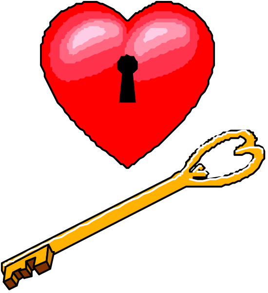 The image features a red heart with an open lock on it next to two keys that resemble a keyhole shape at its center.