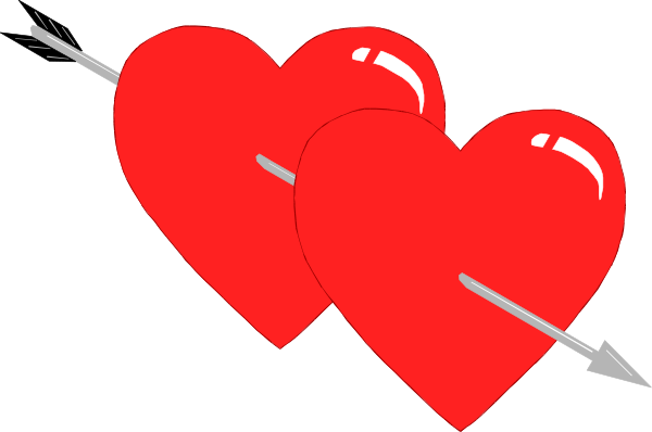 The image shows two red heart shapes with an arrow passing through them from left to right against a black background.