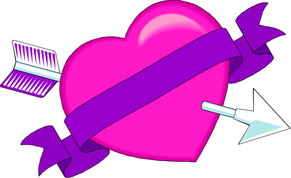 The image shows a purple heart with an arrow through it on its left side, accompanied by two toothbrushes crossed behind it in front of a black background.