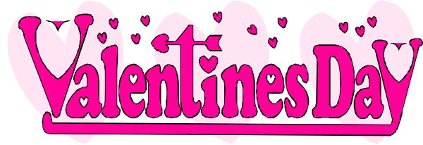 The image shows a graphic with pink hearts that spell out "Valentine's Day" on top of each other in white text against a gray background.