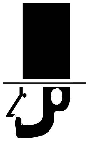 The black and white image shows a cartoon of an anthropomorphic character with top hat wearing glasses, standing on what appears to be a stage set against vertical stripes that resemble curtains in shades of gray and brown.