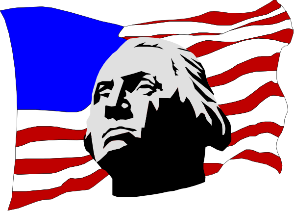 The image features a graphic of an American flag with George Washington's profile on it against a dark background.