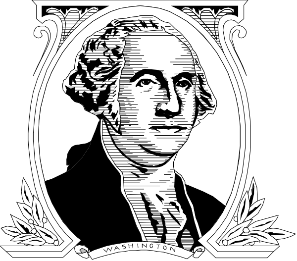 The black and white illustration features a portrait of George Washington on an oval seal with laurel branches at each corner; it is set against a dark background.