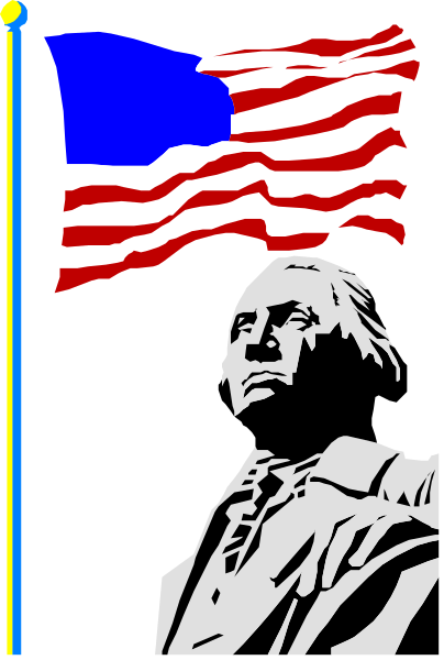 The image features a black and white illustration of an American flag with stars on it to its left side; below that is another smaller depiction showing Abraham Lincoln's profile facing rightward against a dark background, holding what appears to be a book in his hand.