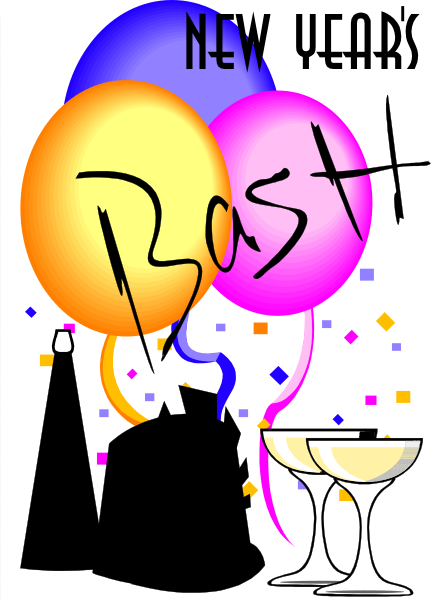 The image shows a graphic of two champagne glasses with balloons behind them that say "New Year" on top; below each glass is confetti in shades of pink, blue, yellow, orange, green and purple.