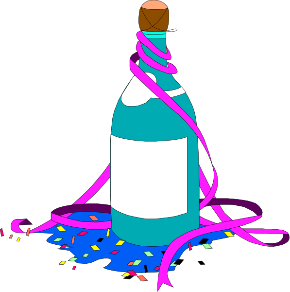 The image shows a bottle of wine with pink streamers tied around its neck on top of what appears to be confetti, suggesting celebration or festivity.