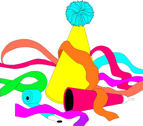 The image shows a colorful party hat with streamers on top of it next to confetti cannons filled with paper shreds in various shapes like cones and cylindrical tubing; there is also a roll of tape, scissors, and other festive items scattered around.