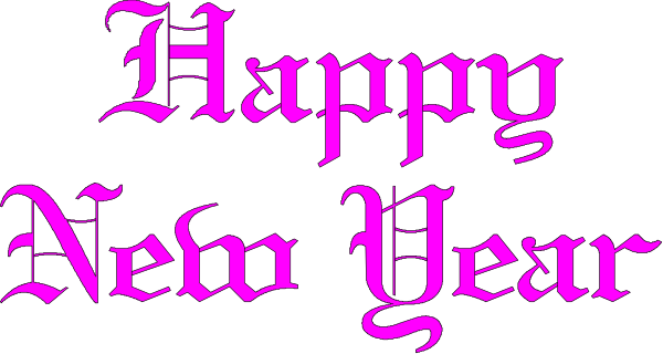 The image shows a pink banner with "Happy New Year" written on it against a black background.