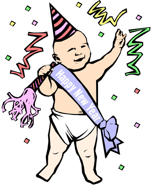 The image shows a baby celebrating New Year's Eve with confetti poppers; there is no text present on this clip-art illustration.