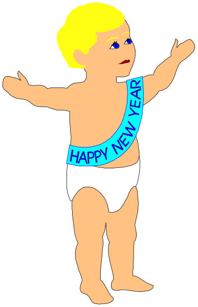 The image shows a cartoon of an infant with blonde hair standing against a black background holding up its arms as if celebrating something. It has "Happy New Year" written across it in blue text, and there is no other object present besides this central figure.