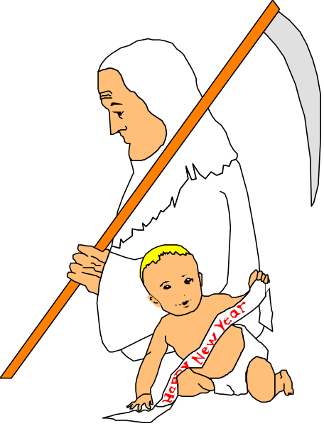 The black and white illustration depicts a woman holding an infant while standing next to another figure that appears to be a man with wings on his back; both figures have halos around their heads.
