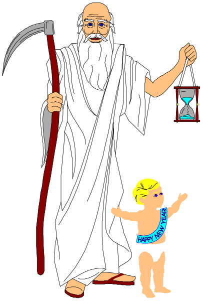 The illustration depicts a bearded man holding an hourglass while standing next to another figure that appears to represent time; both figures have halos around their heads suggesting divinity or importance in this context.