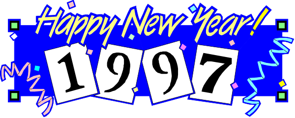 The image shows a digital greeting card with "Happy New Year!" written at top on blue background above 1997 year in white numbers surrounded by confetti-like graphics. Below it is text that reads, "New Years! Happy Birthday to us." There are two sparkles and the number '3' next to a heart shape symbolizing love or celebration. The overall style of image suggests festive occasion with digital decorations typically associated with New Year celebrations.