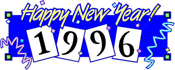The image shows a digital greeting card with "Happy New Year" written at top on blue background above numbered years 1986 to 2035 in white fonts. Below this, there is confetti and sparkles effect around text that reads "New Years!" followed by the year "1997." The overall style of image suggests a festive or celebratory occasion related to New Year's Eve. There are no people, animals, actions, objects, or specific setting depicted in this clip-art image; it is purely graphic and textual