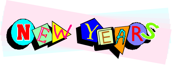The image shows a graphic with text that reads "NEW YEARS" at its center, surrounded by colorful confetti-like shapes in various hues of blue, pink, yellow, green, red, and orange; it appears to be celebrating New Year's Eve or Day.