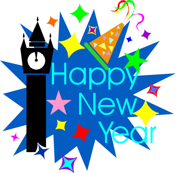 The image features a digital greeting card with colorful confetti around it that says "Happy New Year" at its center in white text on top of blue background.