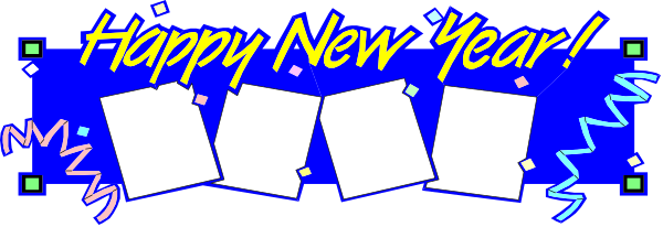 The image shows a digital greeting card with "Happy New Year" written on it along with confetti-like graphics in various shapes and sizes around the text.