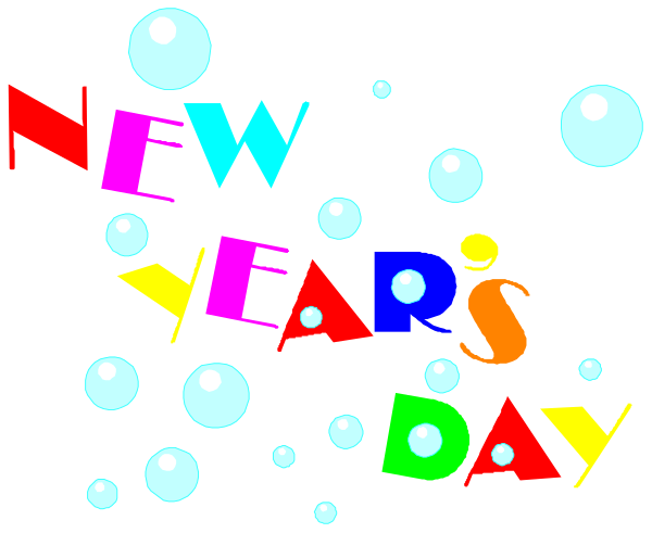 The image shows a graphic with text that reads "NEW YEAR'S DAY" along with colorful bubbles in various shapes around it.