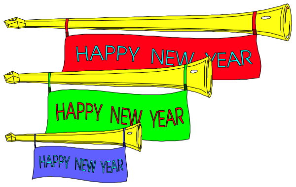 The image shows three colorful banners with "Happy New Year" written on them hanging from a string against a black background.