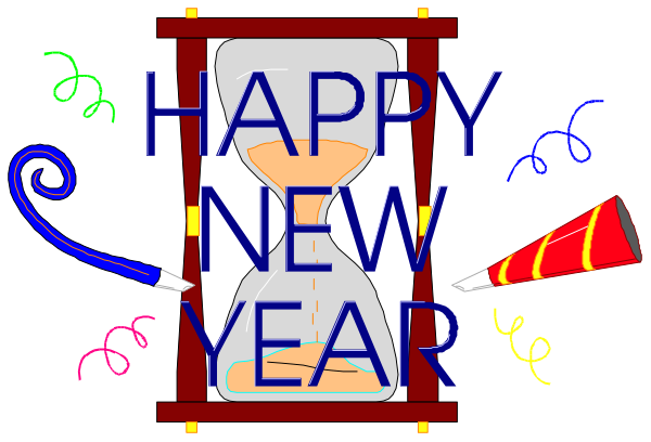 The image shows a cartoon of an analog clock with hands indicating it's 12:05 pm on New Year's Eve (December 31st). There is text above that reads "Happy new year" and below, there is confetti in the air around the phrase. To the right side of the image, a red party horn with streamers coming out from it suggests celebration or festivity. The background appears to be dark blue, which contrasts with the clock's white face.