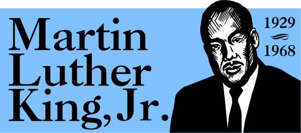 The image shows a black banner with white text at both ends featuring names: "Martin Luther King Jr." on top left corner and "Dr. Martin L. King" in bottom right corner; between them, there is an illustration of Dr. Martin Luther King Jr., who appears to be speaking or gesturing towards the viewer. The background behind him has a blue gradient effect with white text that reads: "Martin Luther king jr." and below it are two years listed as 1968-1970, indicating his time in office at Stanford University