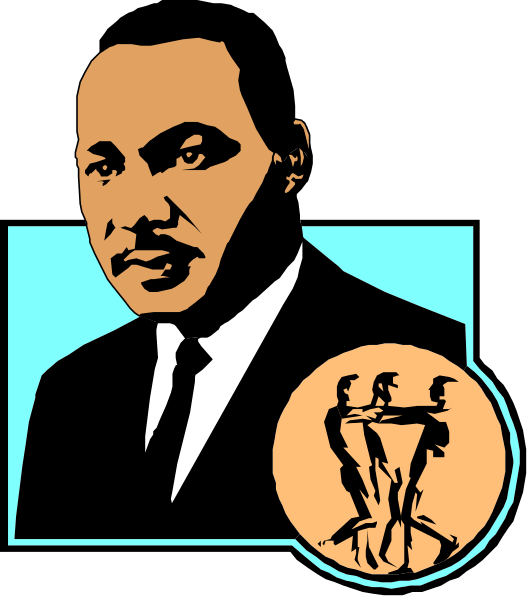 The image features a black and white illustration of Martin Luther King Jr., depicted as an iconic figure with his face on what appears to be a coin-like emblem in the center right corner. He is wearing glasses, has short hair, and there's text around him that reads "MLK" at the top left and bottom right corners. The background of the image shows a blue gradient from light to darker shades towards the edges.