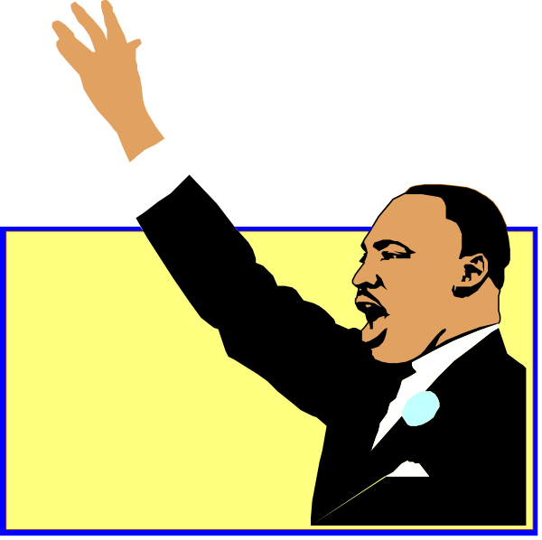 The image shows a cartoon of Martin Luther King Jr., who appears to be giving an enthusiastic speech with his arms raised in front of him while standing on what looks like a stage.