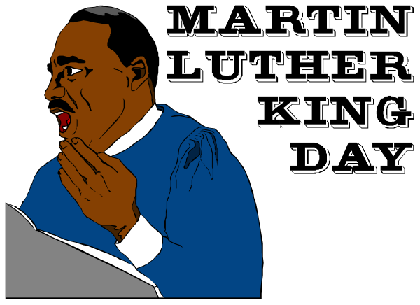 The image shows a black and white cartoon of Martin Luther King Jr., depicted with his mouth open as if speaking passionately while wearing a suit jacket over a blue shirt. He is standing in front of what appears to be an American flag, which has stars on it but no stripes visible due to the cropping or framing of this image snippet.