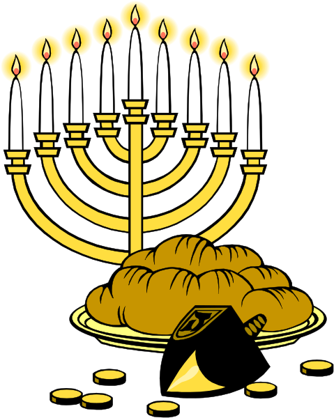 The image shows a Hanukkah menorah with lit candles on top of what appears to be a loaf of bread in front of it; there is also an illustration of gold coins at its base, and below that, two small piles of money or jewels are depicted.