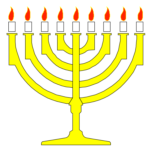 The image shows a stylized graphic of an illuminated menorah with seven lit candles on top against a black background; to its right is a yellow depiction of a traditional Jewish temple-like structure, and above it all is a small flame icon representing fire or light at the very top.