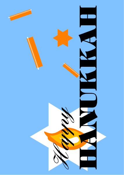 The image shows a graphic with text that reads "Hanukkah" at the top left corner, followed by an illustration of three candles in descending order on the right side against a blue background. Below this is another line of text reading "KANADA," which translates to Canada from Hebrew or Yiddish. The central part features two stylized hands with fingers splayed out, and above them are four orange lines that resemble flames or candles in an upward motion against a darker blue background. In the bottom right corner is another graphic