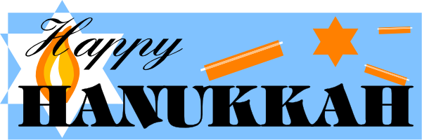 The image shows a graphic with text that reads "Happy Hanukkah" at top left corner overlaid on an illustration of lit candles in front of what appears to be a menorah, and below it is another line of text saying "Thank you."