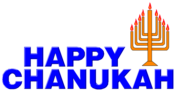 The image features a graphic design with text that reads "Happy Chanukah" at top left corner above an illustration of a menorah on right side. Below this is another line of text stating "Chanukkah," and beneath it, there's the word "happy." In front of these texts are two lit candles with flames visible from both ends. The background color behind all elements appears to be gray or light blue.