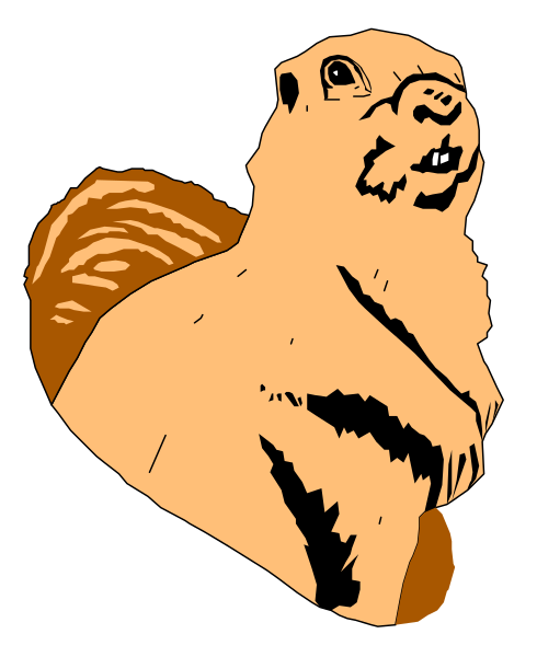 The image shows a cartoon of an animal that resembles a beaver with large teeth sitting upright on its hind legs in front of what appears to be a log cabin.