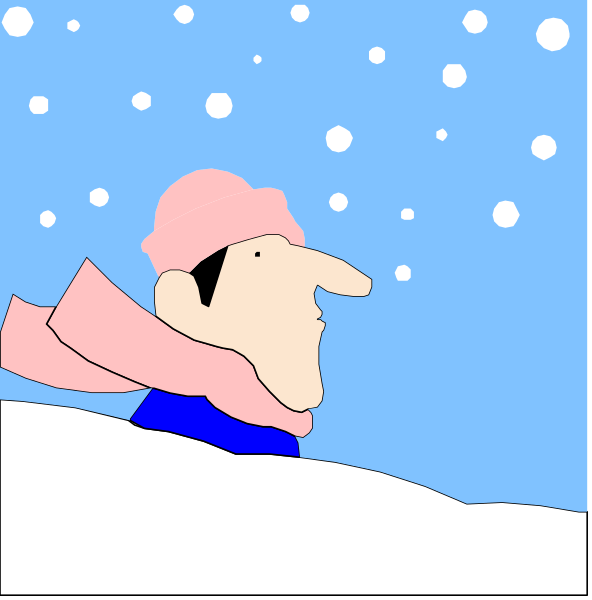 The comic strip shows a man with glasses sitting on top of snowy ground under blue sky filled with fluffy white clouds; he is wearing a pink hat and scarf while looking to his left at something off-panel, suggesting that it's wintertime outside.