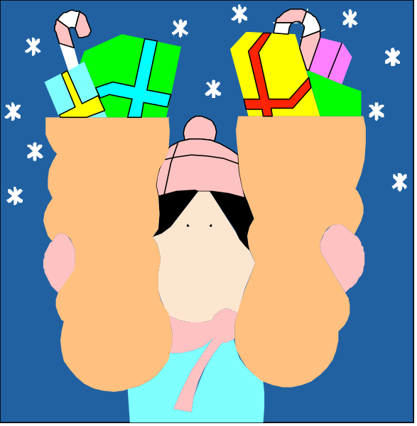 The first panel shows a person holding two gift bags with snowflakes falling around them at nighttime; the second panel is similar but includes an additional bag of gifts being held by another figure who appears to be in motion, possibly dancing under confetti and stars against a dark blue background.