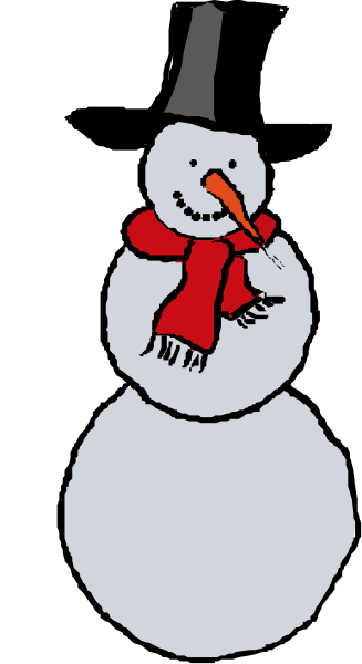 The image shows a cartoon of an anthropomorphic snowman with carrot eyes holding a red scarf around its neck standing in front of what appears to be a window frame on a gray background.
