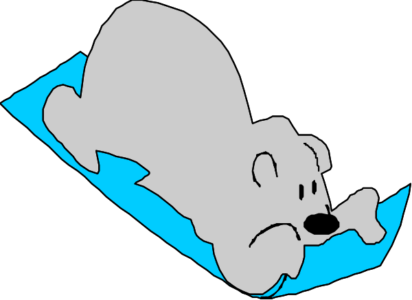 The black and white cartoon shows a polar bear lying on its back with an iceberg beneath it; there is no text present in this image.
