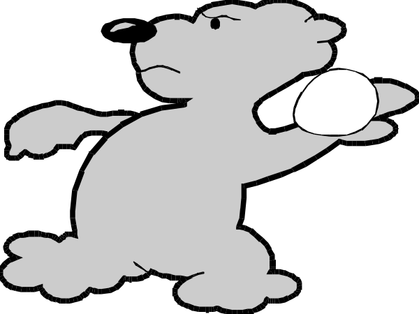 The black and white cartoon shows a bear character throwing an object with its right paw while running to the left on what appears to be a cloud-like surface in midair against a dark background.