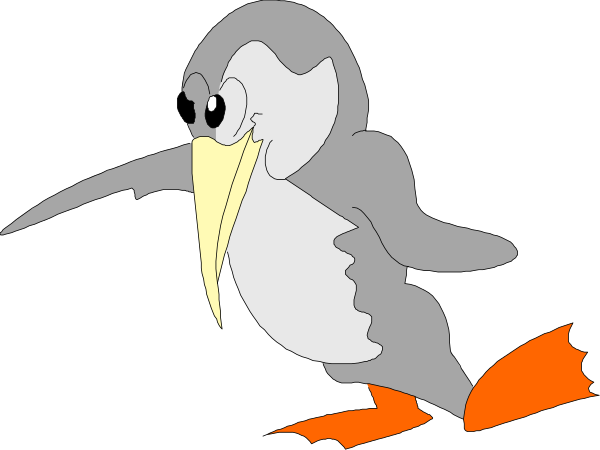 The image shows a cartoon penguin with an orange beak swimming underwater next to what appears to be a fish.