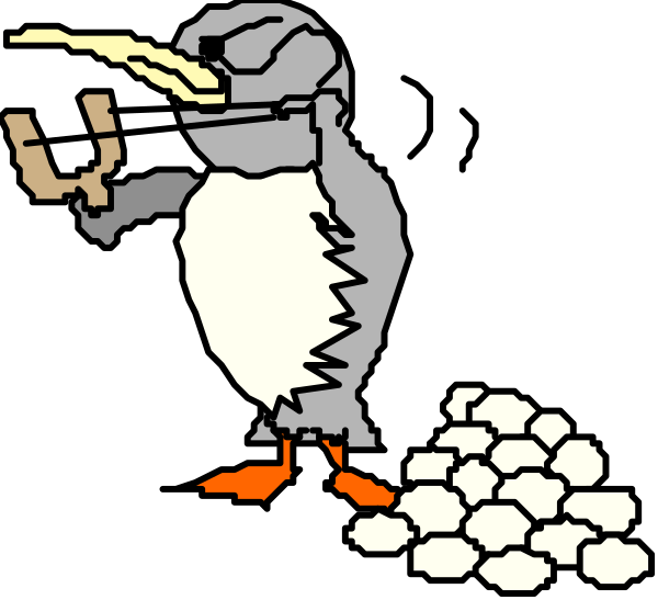 The image shows a cartoon of two penguins: on the left is an adult gray penguin with its beak open as if it's speaking; in front of this penguin stands another, smaller one that appears to have been hatched from eggs and has orange feet, holding up what looks like a small fish. The background features black-and-white rocks or ice chunks on the left side where an adult penguin is standing next to its nest with several white eggshells around it; there are also two large gray stones in front of this scene that re