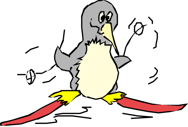 The image shows a cartoon penguin standing on top of an iceberg with its wings spread out as if it's flying above water.
