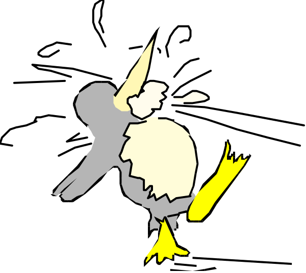 The image shows a cartoon of an owl with outstretched wings standing on what appears to be two legs atop another bird's body; both birds have yellow feet.